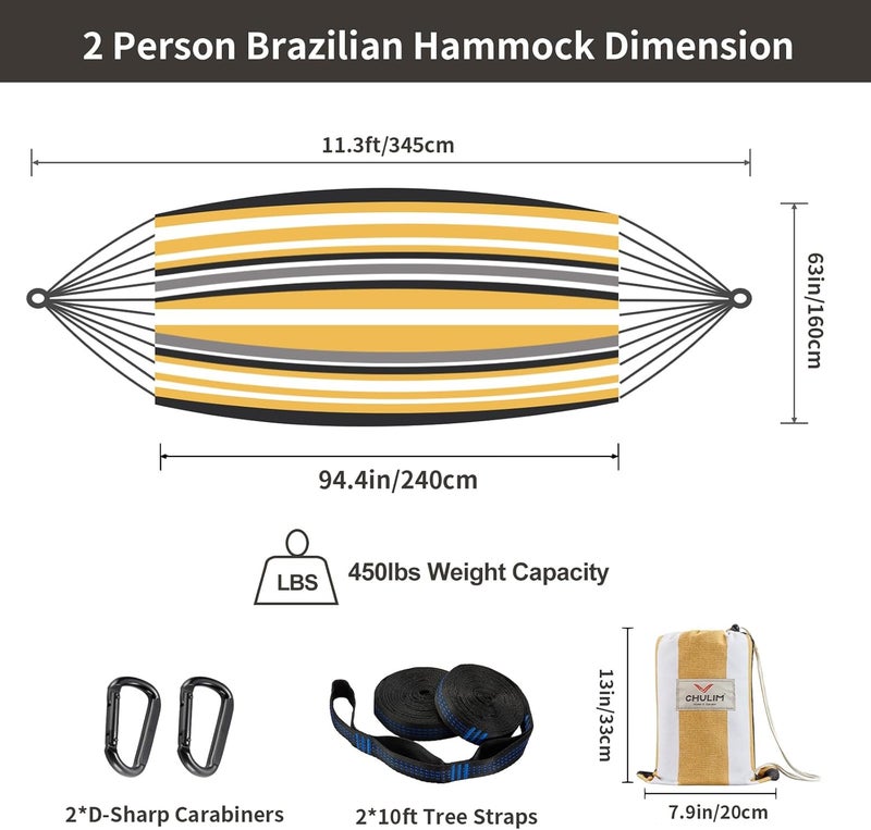CHULIM Brazilian Double Hammock with Tree Straps,Extra Large 94x63IN,2 Persons Hammock for Backyard Patio Outdoor and Indoor,450lbs Weight Capacity,Soft Woven Cotton Fabric - Coffee Stripe - Image 3